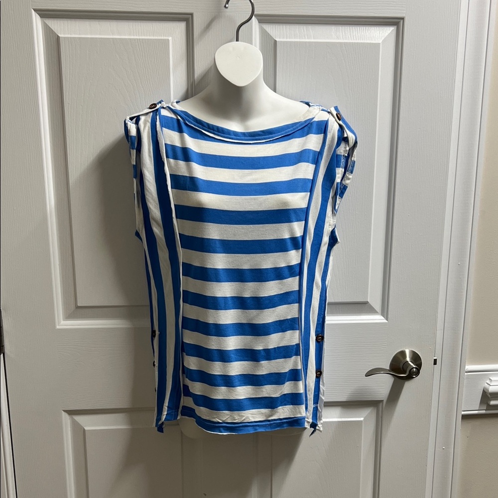 Tulle Blue White Striped Sleeveless Boatneck Top blouse size Large L NWOT 3256